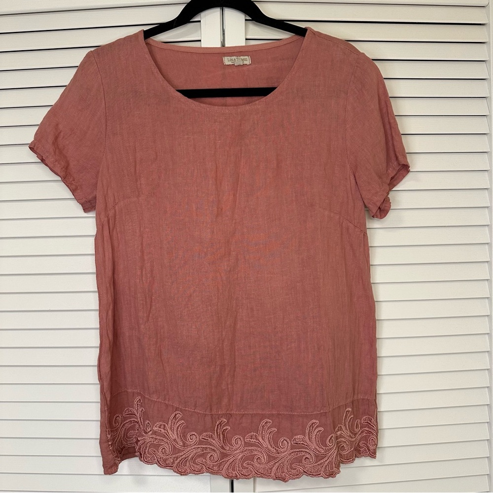 Chic Mauve Short Sleeve Top with Embroidery Linen